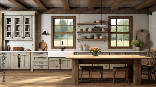 A rustic farmhokitchen with reclaimed wood accents and a farmhosink.