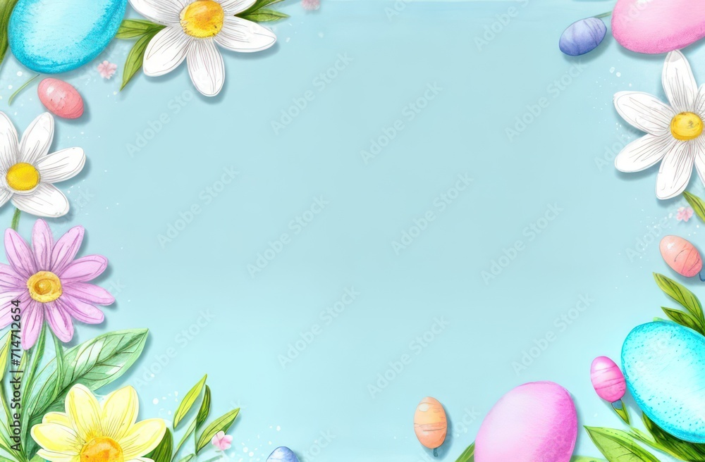 Watercolor banner in Easter style in blue pastel shades with colorful spring flowers. Concept, Easter, centered space for text
