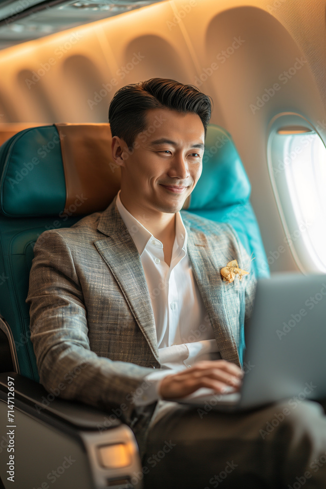 Asian business plane with laptop, Korean trader financier works at computer in airplane Asian business plane with laptop, Korean trader financier works at computer in airplane