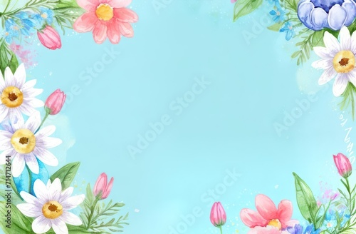 Watercolor banner in Easter style in blue pastel shades with colorful spring flowers  tulips. Concept  Easter  centered space for text