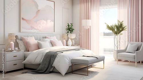 A serene and calming bedroom with a soft color palette.