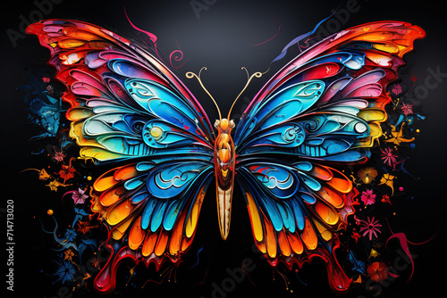 Abstract, multicolored neon butterfly, pop art style on a black background.