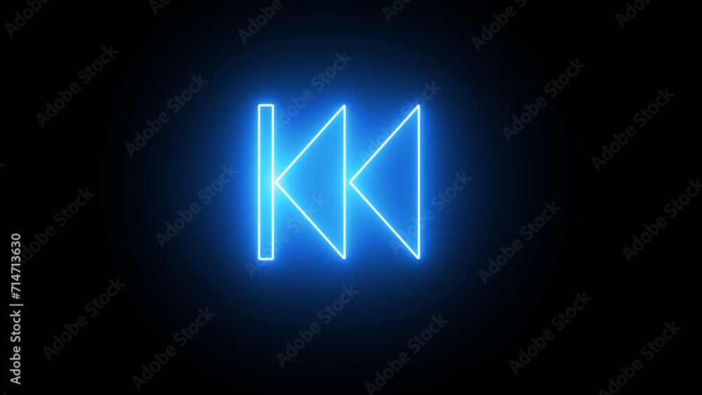 Linear neon animation of blue rewind button on black background. Motion graphic.