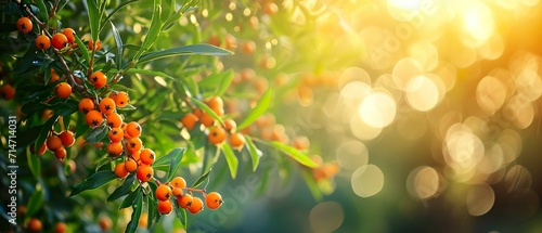 Sanddorn Zweig mit reifen, orange farbenen Früchten vor verschwommenen Hintergrund mit Leerraum für Marketing, Text, Werbung