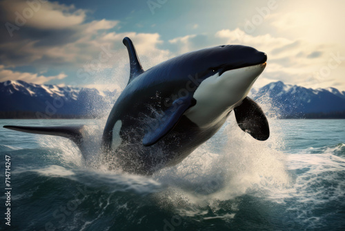 Killer whale aka Orca leaping from sunset ocean water with splashes. Orcinus orca. © maximilian_100