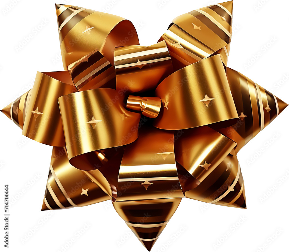 Gold star ribbon gift knot close-up isolated on transparent background ...