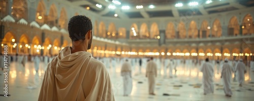 Rear view of Muslim man praying inside the mosque during Eid Mubarak