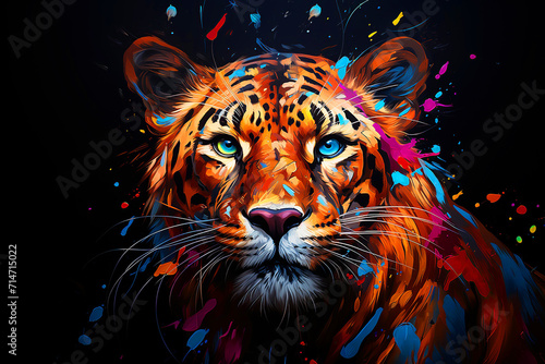 Abstract, Tiger. multi colored, neon portrait of a tiger looking forward, in the style of pop art on a black background.