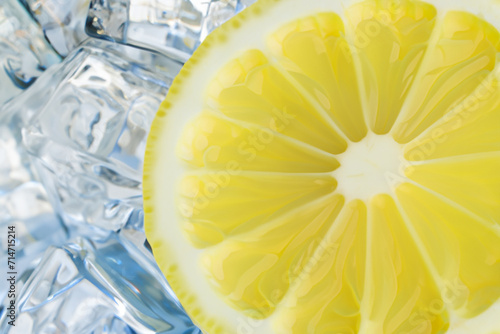 citrus composition. yellow lemon slice with ice cubes close-up, creative concept