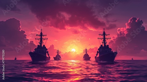 Military ships in the sea at sunset. render illustration.