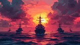 illustration of a military ship in the ocean at sunset background.