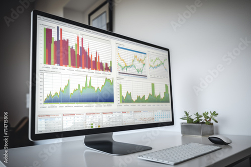 Close-up view of modern office desktop with computer and financial charts on screen. Mock up