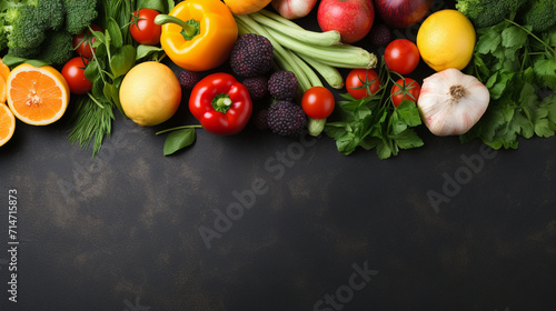 A variety of fresh ripe fruit and vegetables. Food concept background. Top view. Copy space.Generate AI
