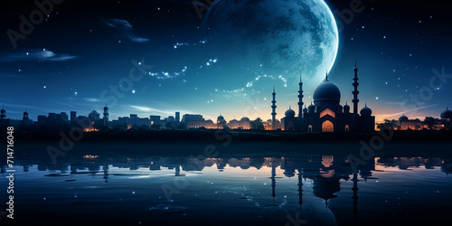 An islamic background with mosque moon and stars in the evening sky, Beautiful mosque at night for decoration of Ramadan eid al fitr eid al adha muharram
 photo