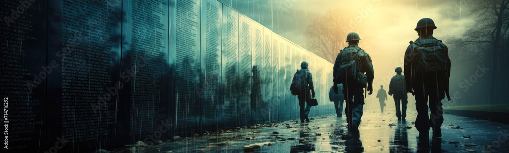 Conceptual image of a group of people walking in the rain