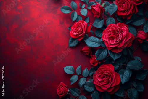 Red Roses on a Red Background  Valentine Background  Space for Text or Image - Generative AI