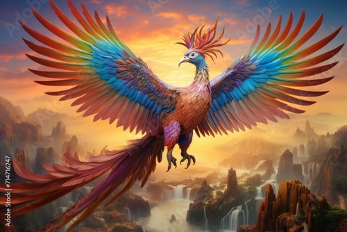 Vibrant rainbow phoenixes, soaring through the skies with radiant plumage - Generative AI © Sidewaypics