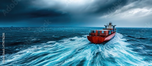 Ship carrying cargo navigating rough waters.