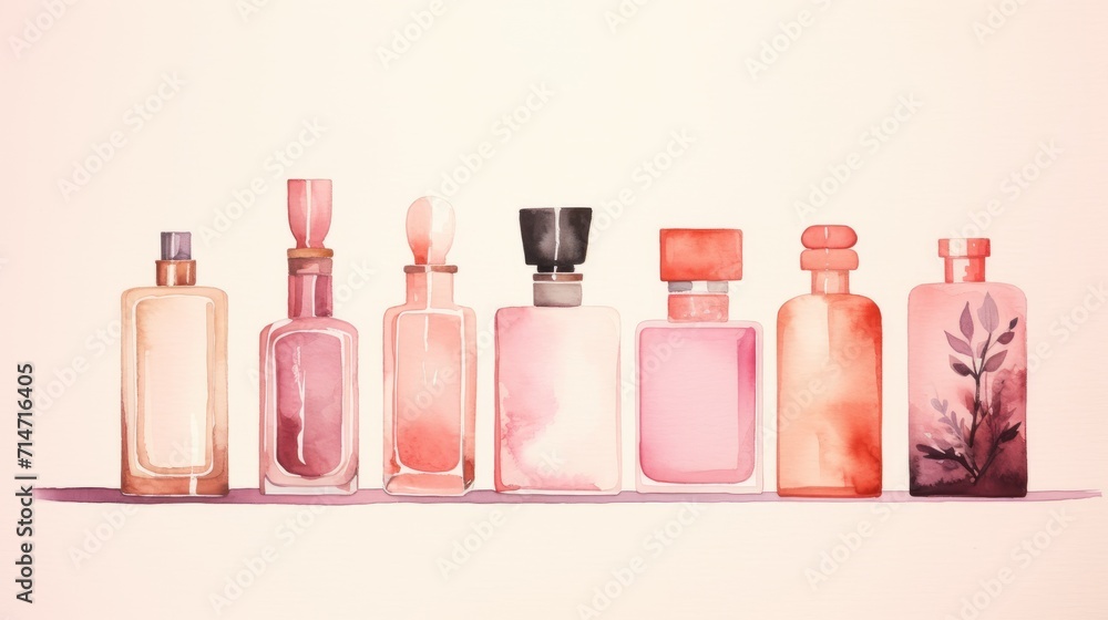 watercolor illustration on a pastel background with different cosmetic bottles. Cosmetic background watercolor illustration on a pastel background with different cosmetic bottles. Cosmetic background
