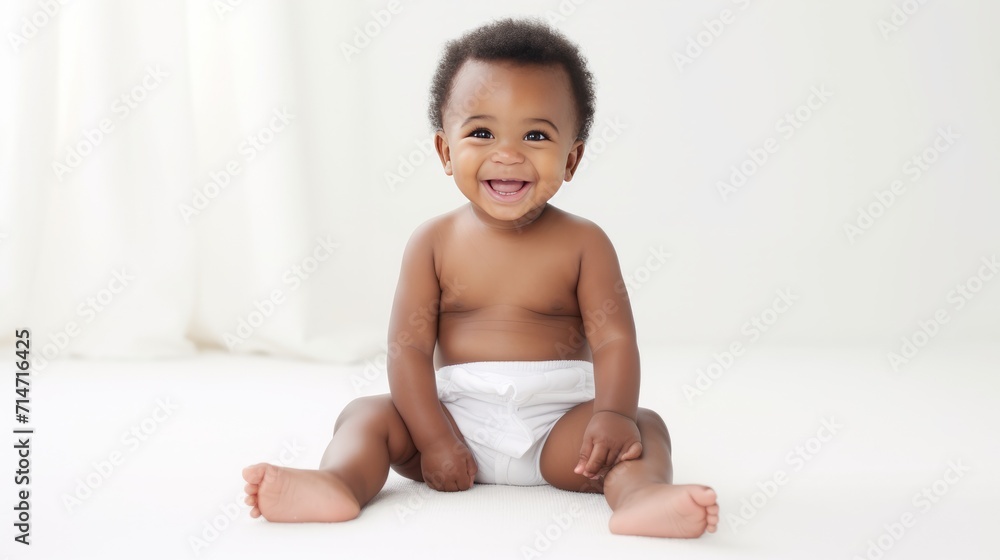 portrait of a small dark-skinned smiling baby 1 year old in a diaper on a white studio background, copy space portrait of a small dark-skinned smiling baby 1 year old in a diaper on a white studio background, copy space