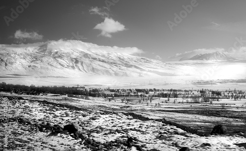 Van journey by train, snowy landscapes outside