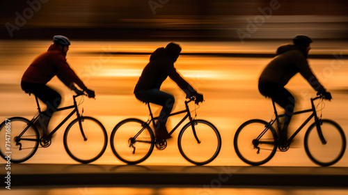 Silhouette of cyclists in motion on a city street at night