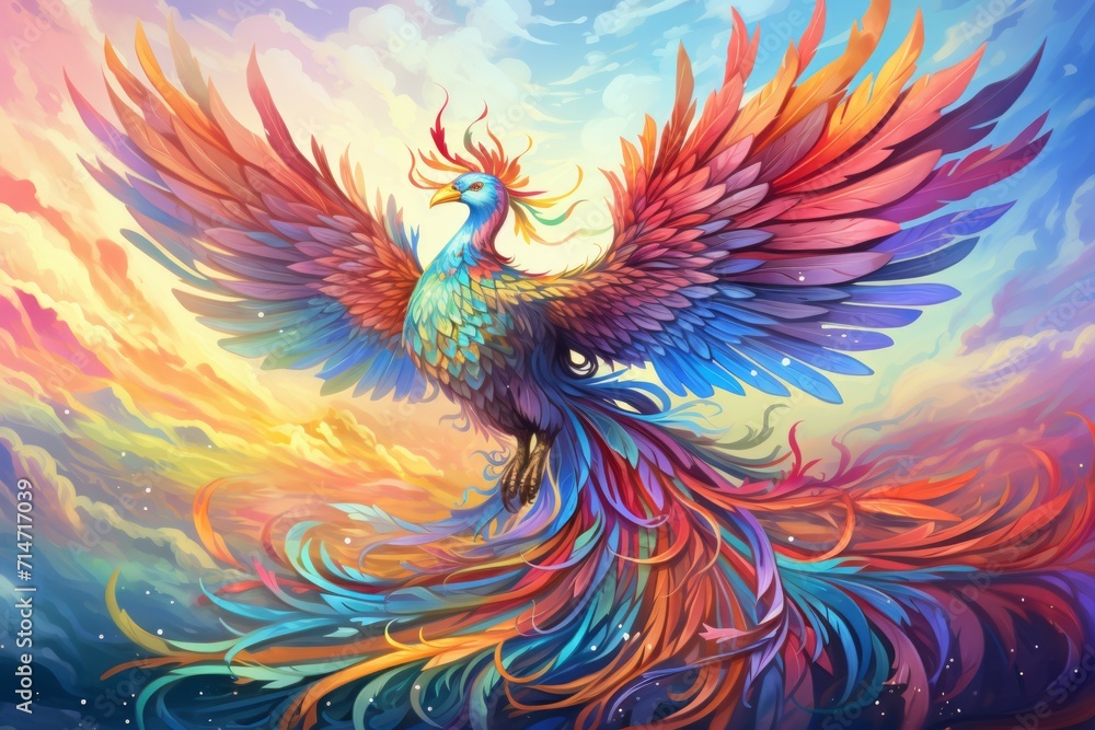 Vibrant rainbow phoenixes, soaring through the skies with radiant plumage - Generative AI Vibrant rainbow phoenixes, soaring through the skies with radiant plumage - Generative AI