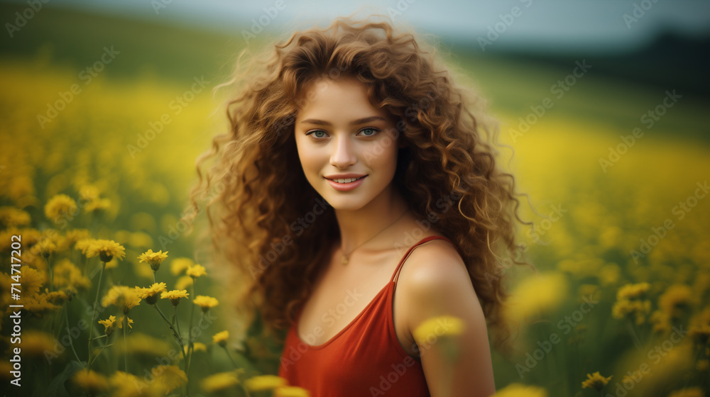 Bellissima ragazza con capelli ricci in un prato pieno di fiori in primavera Bellissima ragazza con capelli ricci in un prato pieno di fiori in primavera
