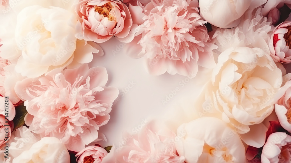 Aesthetic background frame with tender white and pink peonies. Copy space. Invitation or greeting concept. Generative AI