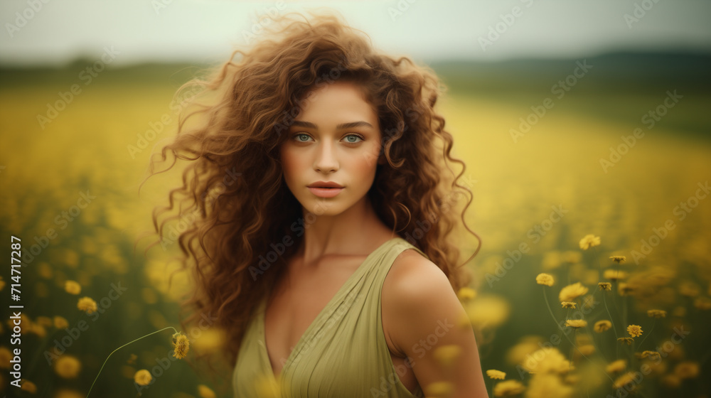 Bellissima ragazza con capelli ricci in un prato pieno di fiori in primavera Bellissima ragazza con capelli ricci in un prato pieno di fiori in primavera