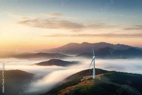 Wind energy with wind turbine in high mountains. Concept for green renewable energy.
