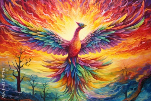 Vibrant rainbow phoenixes, soaring through the skies with radiant plumage - Generative AI