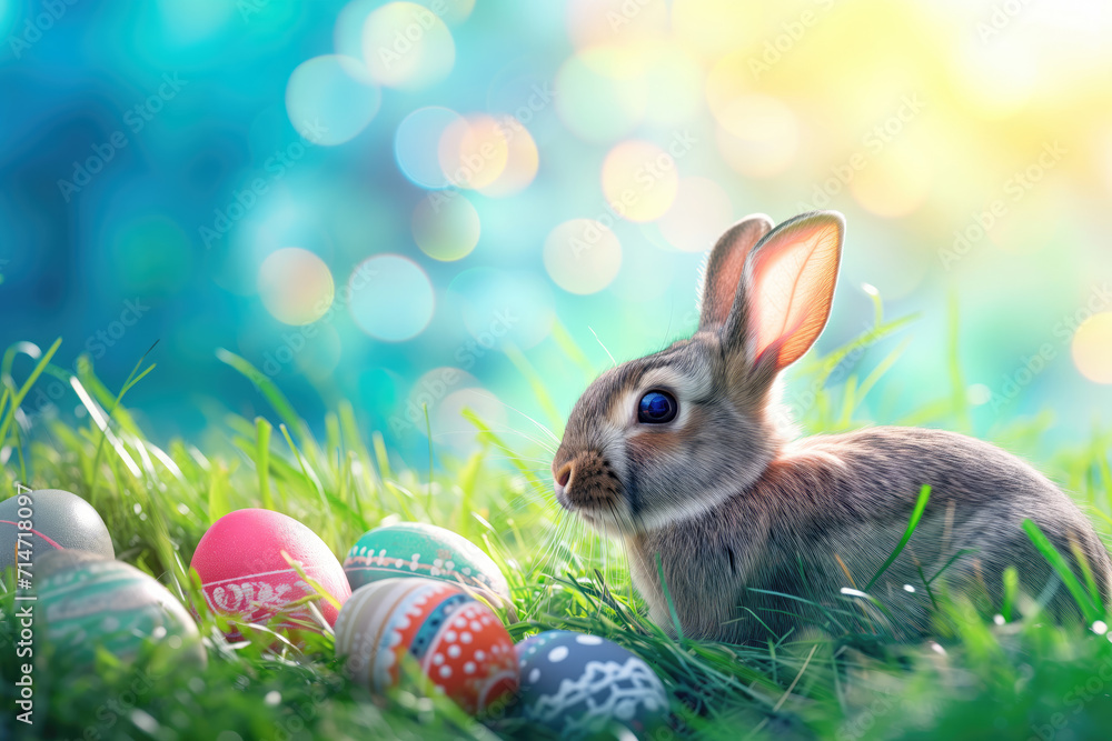 Fototapeta premium Easter Bunny with Colorful Eggs in Sunlit Grass