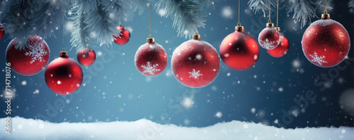 Beautiful bright christmas decoration with red christmass tree balls, amazing snow forrest background © Filip