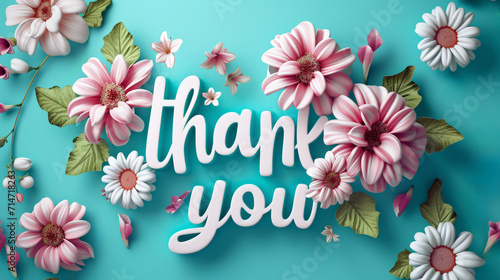 Thank you 3d typography with spring flowers on a cyan background, top view, appreciation card.