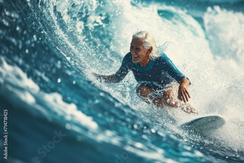 old woman Surfing, riding a big wave, laughing, with water splashing around. © Gasi