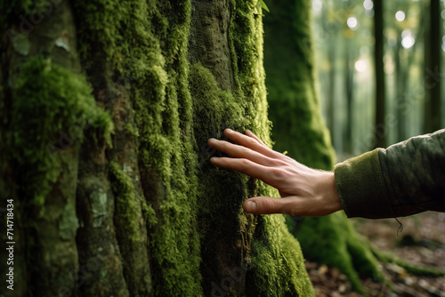 Hand on mossy trunk of tree trunk in the wild forest. Forest ecology. Wild nature, wild life © khozainuz