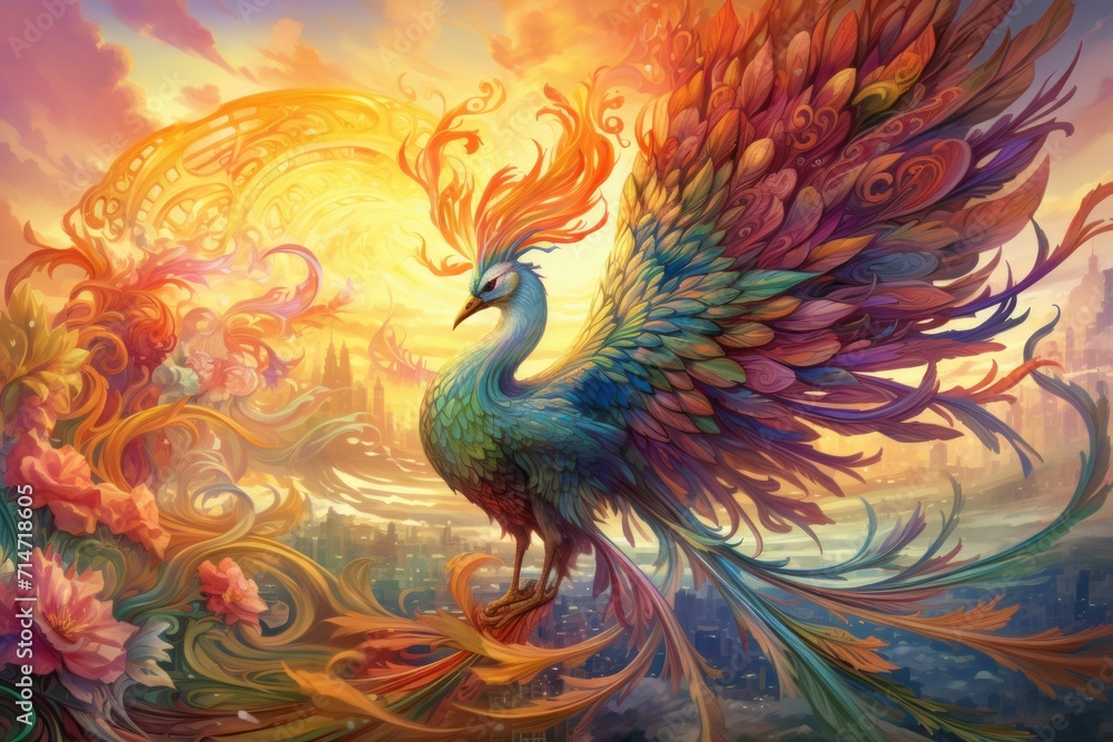 Vibrant rainbow phoenixes, soaring through the skies with radiant plumage - Generative AI Vibrant rainbow phoenixes, soaring through the skies with radiant plumage - Generative AI