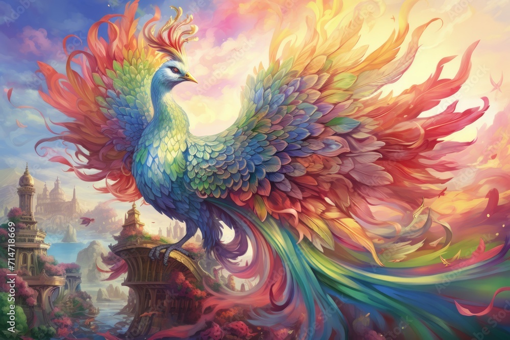 Vibrant rainbow phoenixes, soaring through the skies with radiant plumage - Generative AI