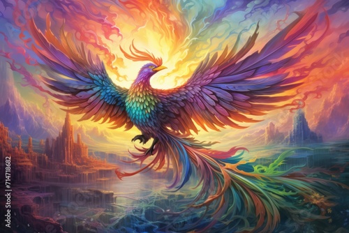 Vibrant rainbow phoenixes, soaring through the skies with radiant plumage - Generative AI