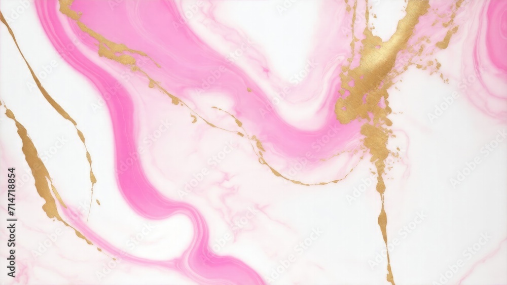 Pink and White marble background with gold brushstrokes