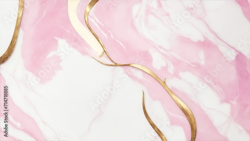 Pink and White marble background with gold brushstrokes