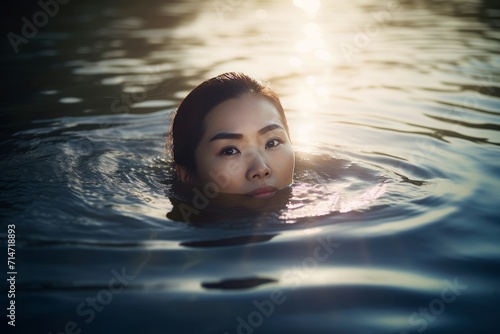 Beautiful chinese woman floated water in lake. Care girl nature face. Generate Ai