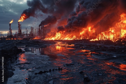 Burning petrochemical plant in oil and gas industry. Global warming concept
