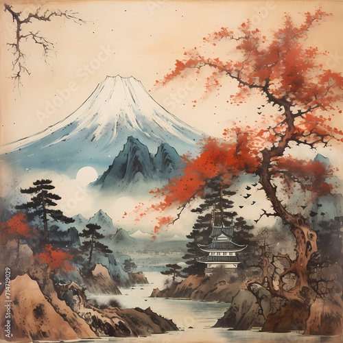Japanese traditional watercolor painting style mountain landscape at sunset time