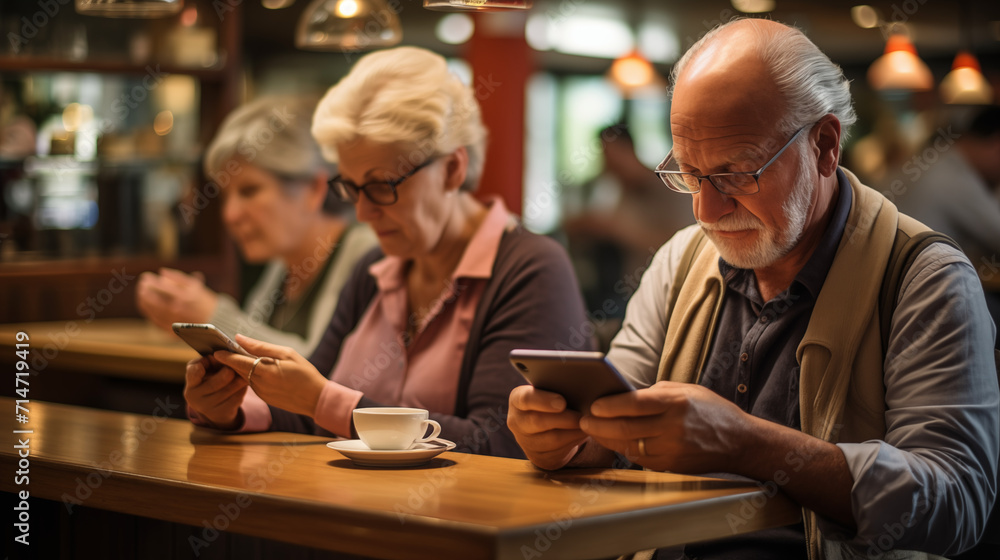 An old couple in a restaurant, uses her mobile phone or tablet. Senior man and woman sitting at a restaurant table and use their gadgets. An old couple in a restaurant, uses her mobile phone or tablet. Senior man and woman sitting at a restaurant table and use their gadgets.