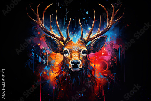 multicolored neon portrait of a deer looking forward  in the style of pop art on a black background.