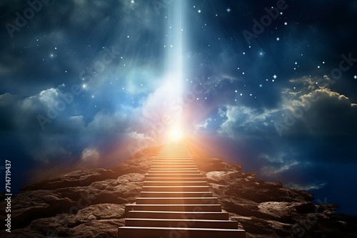Stairway ascending to celestial sky with radiant light. Generative AI