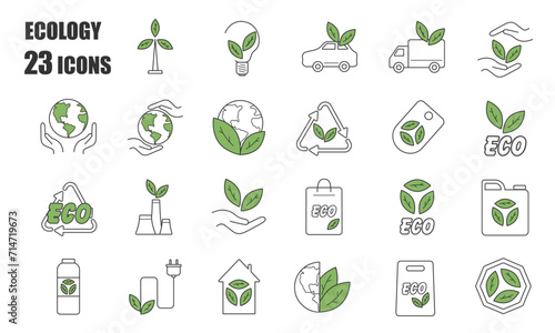 Set of Ecology Icons  Line  Organic  Collection  Elements  Isolated  Recycling  Energy  Eco  Bio  Natural  Green  Vector illustration 