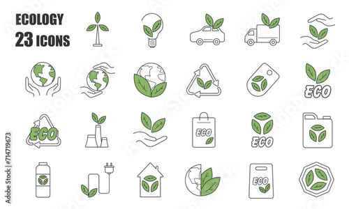 Green Energy Icons,  Ecology Icons Set, Line, Organic, Collection, Elements, Isolated, Recycling, Energy, Eco, Bio, Natural, Green, Vector illustration 
